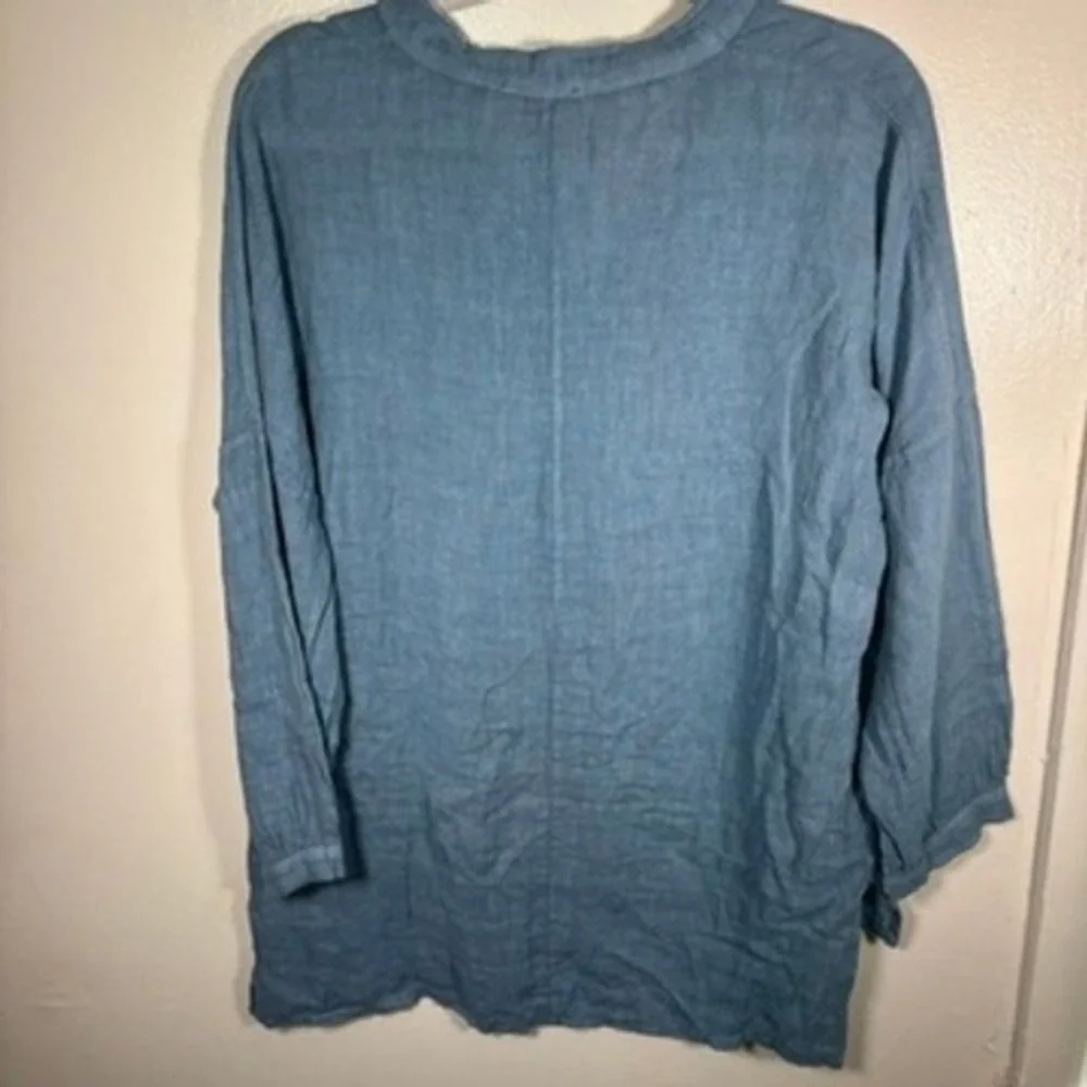 Francesca Bertini Top Women Sz L Sky Blue 100% Linen V-Neck Tunic Blouse Coastal - Picture 6 of 7